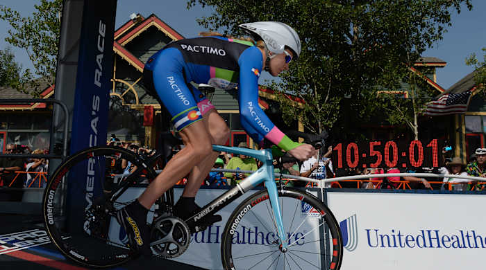 BRECKENRIDGE, CO - AUGUST 21: Pro racer Gwen Inglis, was first to head down the start ramp for the inaugural Women's USA Pro Challenge time trial race August 21, 2015.